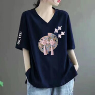 雅蘭褀短袖t恤女2025夏季國風(fēng)印花v領(lǐng)女裝新款韓版寬松休閑體恤女上衣潮 藏青色【國風(fēng)兩位】 XL 建議110-125斤