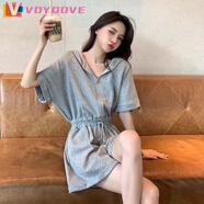 VOYDOVE春夏新款小個(gè)子學(xué)院風(fēng)休閑寬松連體闊腿短褲女連帽收腰連衣褲套裝 灰色連體【z單套】 2XL 建議【125-145斤】