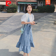 皮爾卡丹（pierrecardin）別致絕美牛仔背帶套裝裙女夏2025新款法式泡泡袖上衣魚尾裙兩件裝 藍(lán)色【上衣+背帶裙】 S 【95-105斤】