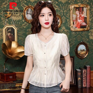 皮爾卡丹國風(fēng)收腰遮肚短袖雪紡襯衫女2025夏季新款寬松顯瘦荷葉邊漂亮小衫 杏色 M 95-105斤