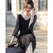 德瑪納【黑桃契約】春季靜奢V領(lǐng)鏤空中袖寬松藏肉好搭低調女式連衣裙