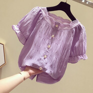 玖卡依雪紡短袖襯衫女韓版2025夏季寬松新款半袖百搭洋氣遮肉女裝上衣衫 紫色 2XL 建議130-140斤