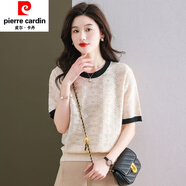 皮爾卡丹（pierre cardin）韓版女士恤短t袖氣質(zhì)名媛提花圓領(lǐng)冰絲針織衫休閑小眾體恤衫 米色 S