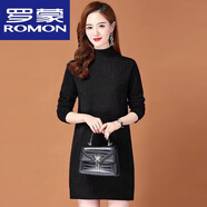 羅蒙（ROMON）高檔羊毛衫秋冬新款半高領(lǐng)羊毛衫女套頭中長(zhǎng)款毛衣大尺碼寬松羊毛 黑色 2XL 130-140斤