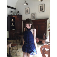現寶蓮掛脖連衣裙女裝藍色裙禮服藍色褶皺連身裙裙子 藏藍色+鏈條(48小時(shí)發(fā)貨) S