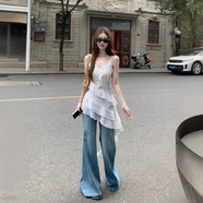 衣然呈品胖mm法式不規則荷葉邊下擺波點(diǎn)吊帶連衣裙女夏季修身顯瘦上衣女裙 白色 M 【建議95-110斤】