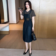 忻依美時(shí)尚牛仔連衣裙女短袖2025夏季新款小個(gè)子收腰顯瘦假兩件背帶裙 條紋 XL 【115-125斤】