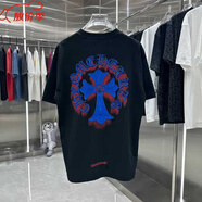 克羅心艦旗艦旗重磅刺繡領(lǐng)子裝飾男女短袖克羅心十字架梵文T恤棉情 黑色黑色黑色黑色 黑色黑色黑色 M