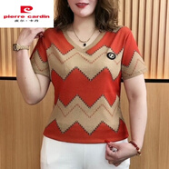 皮爾卡丹（PIERRE CARDIN）冰絲印花條紋小衫2025春夏短袖時尚顯瘦媽m裝大尺碼女裝上衣 FE-028桔紅色 M 【建議85-110斤】