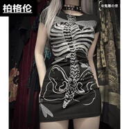 柏格倫原宿亞文化暗黑哥特骷髏骨架短裙搖滾朋克骨頭性感修身打底連衣裙 黑色包臀裙 L
