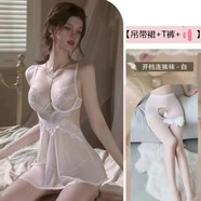 情趣內(nèi)衣女免脫火辣睡衣蕾絲網(wǎng)紗睡裙連體包臀短裙黑絲純欲風(fēng)戰(zhàn)袍 白色+白開檔襪+跳蛋 均 碼【建議80-125斤】