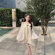 柏潮設計感蝴蝶結一字肩泡泡袖連衣裙女裝早秋甜美氣質(zhì)寬松短裙 圖片色 原版雪紡衫 飄逸 微扎 L 建議體重115-125