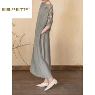 SE.PSTP禪意質(zhì)樸文藝刺繡亞麻連衣裙女夏季中式國風(fēng)氣質(zhì)顯瘦棉麻直筒長(cháng)裙 草灰色 M 【95-115斤】