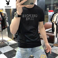 花花公子潮牌短袖T恤男生青年時(shí)尚帥氣白色修身印花字母體恤上衣 黑色  XL