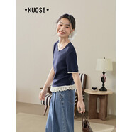 闊色（kuose）闊色黃色荷葉邊短袖針織衫上衣女25夏季新款小個(gè)子設計 深藍色現貨 S