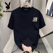 花花公子（PLAYBOY）t恤短袖男夏季2025新款ins寬松重磅圓領(lǐng)純棉痞帥上衣體恤 短袖t恤 A37-黑-R/左 S