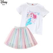 迪士尼（Disney）女童愛(ài)麗兒公主套裙夏季兩件套兒童洋氣女寶寶美人魚生日春秋套裝 白T+七彩魚鱗短裙 2517人魚套裙 120 建議身高110cm左右