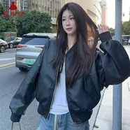 夏雨瑤黑色短款棒球服皮衣外套女2025秋季新款皮酷颯風(fēng)復(fù)古寬松機(jī)車服 黑色皮衣 【高品質(zhì)雙層】 M 建議90-105斤左右