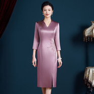 紫魅俏婚禮媽媽裝連衣裙喜婆婆旗袍時(shí)尚V領(lǐng)中長(cháng)款婚宴裝禮服中老年女裝 粉色【七分袖】 3XL (建議135-145斤)