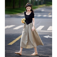 尚靜連衣裙女夏季新款女裝拼接撞色假兩件中長款修身顯瘦短袖t恤裙女