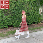 JEZE夏季新款百搭假兩件拼接蕾絲小眾設計長(cháng)裙藍色格紋吊帶連衣裙女 【淺紅-格紋】 XL (建議120-130斤)