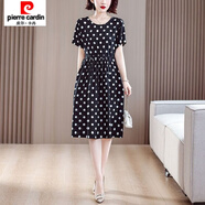 皮爾卡丹（pierre cardin）波點(diǎn)棉綢連衣裙女夏季時(shí)尚外穿洋氣綁帶收腰寬松遮肚短袖過(guò)膝裙子 黑波點(diǎn) L 【100-110斤】