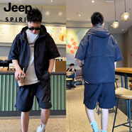 JEEP SPIRIT夏季新款潮流工裝休閑運動套裝男寬松百搭速干連帽短袖短褲兩件套 藍色【單件上衣】 3XL 【190-210斤】