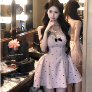 衣然呈品連衣裙女春夏新款美式高街潮牌蝴蝶結蕾絲印花吊帶蓬蓬連衣短裙女 粉紅色 S 【建議80-90斤】