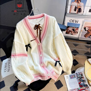 AEMAPE小熊毛衣開衫女外套2025春新款女裝衣服寬松溫柔秋冬季針織上衣 米白色C款 均碼 (80-140斤拍)