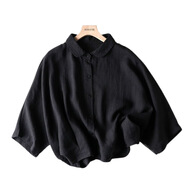 FHHUABD棉麻女24春夏新款七分袖蝙蝠袖襯衫寬松大碼娃娃領(lǐng)網(wǎng)紅 墨韻黑-A076 S 85-100