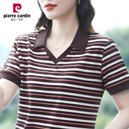 皮爾卡丹（pierre cardin）橫條紋純棉短袖t恤女夏翻領(lǐng)中年媽媽薄款有領(lǐng)上衣帶領(lǐng)運動(dòng)polo.衫 棕色條紋 3XL 建議134-145斤