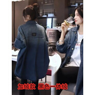 歐洲站春秋牛仔棉襯衫女中長款秋冬新款休閑韓版寬松百搭襯衣外套 牛仔藍色款加絨 L