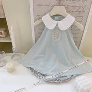 COLORFUL GEMS女童薄荷色刺繡無(wú)袖公主裙夏季新款洋氣娃娃領(lǐng)寶寶連衣裙 薄荷綠蕾絲繡花裙 M 80c