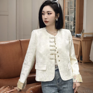 皮爾卡丹時尚百搭盤扣圓領(lǐng)拼色袖口提花國風短外套春裝女2025年感西裝 白色-有內(nèi)襯 3XL 建議145-160斤
