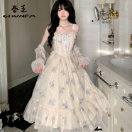 春乏連衣裙夏天女2025年新款甜美風(fēng)穿搭蕾絲吊帶裙拼接網(wǎng)紗長裙子 紫杏碎花連衣裙+防曬衣(套裝) S