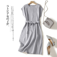 漫藍夢(mèng)日系出口尾單純色休閑棉麻連衣裙女2025夏收腰綁繩亞麻A字中長(cháng)裙 淺銀色 M 【建議95-115斤】
