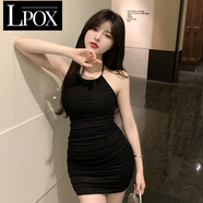 LPOX純欲風(fēng)掛脖連衣裙女裝粉色辣妹性感收腰裙子春季包臀內搭打底短裙 306黑色 2XL (建議120-140斤)