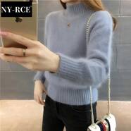NY-RCE仿水貂絨毛衣女新款秋冬短款套頭加絨加厚針織衫寬松打底衫潮 不加絨-淺藍(lán)色-不掉毛 XL