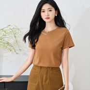 米思陽(yáng)（missshine）2024夏季新款休閑簡(jiǎn)約圓領(lǐng)T恤寬松百搭短袖繡花上衣女3683 咖色 /現(xiàn)貨直發(fā) L