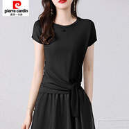 皮爾卡丹（pierre cardin）兩件套連衣裙新款女夏季一整套洋氣減齡歐根紗套裝半身裙子春 【6963 系帶短袖】黑色 L 105-120斤