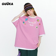 古由卡（GUUKA）潮牌純棉短袖女士t恤夏季新款重磅上衣服寬松小個子修身圓領(lǐng)印花 蘭花煙粉色 XS