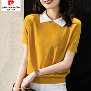 皮爾卡丹（pierre cardin）寬松大碼娃娃領(lǐng)冰絲短袖T恤女年新款夏裝亮絲針織衫女上衣 橘黃色 L 適合110-125斤