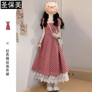 圣保美紅色格紋連衣裙女夏季2025新款小個(gè)子氣質(zhì)收腰顯瘦a字長裙子夏天 紅色長款 L 碼