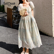 妤遇（YUUZYUUS）品牌女裝連衣裙女2025夏季新款法式收腰顯瘦鏤空繡花方領設計感 藍色 M