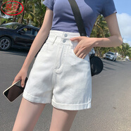 浪莎白色牛仔短褲女夏季新款高腰直筒雙扣寬松闊腿外穿熱褲ins潮