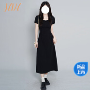 JZDZ綠色方領茶歇法式短袖連衣裙子女夏季2025新款收腰氣質感長裙 【黑色連衣裙】【今年流行漂亮/ M 45/55kg