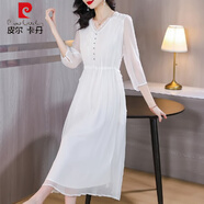 皮爾卡丹（pierre cardin）高端氣質(zhì)真絲桑蠶絲連衣裙夏裝2025年新款中年媽媽裙子女 白色 2XL