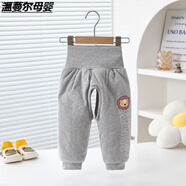 溫蔓爾開(kāi)襠褲男寶秋冬純棉加絨加厚寶寶棉褲嬰兒夾棉保暖褲高腰護肚褲8 高腰獅子淺灰 冬棉褲 100