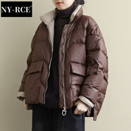 NY-RCE羽絨服女冬季新短款復古寬松文藝長(cháng)袖保暖外套女純色白鴨絨 咖色 M （125-155斤)