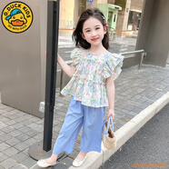 G.DUCKKIDS小黃鴨女童夏裝套裝2025新款兒童衣服女孩寶寶夏季韓范闊腿褲一套 花朵飛袖藍色 140 建議130-140cm8-10歲